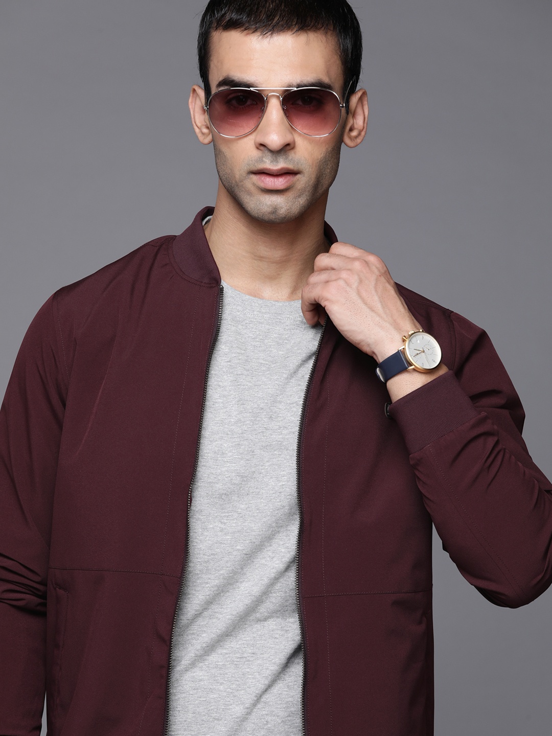 

Louis Philippe Men Burgundy Solid Bomber Jacket