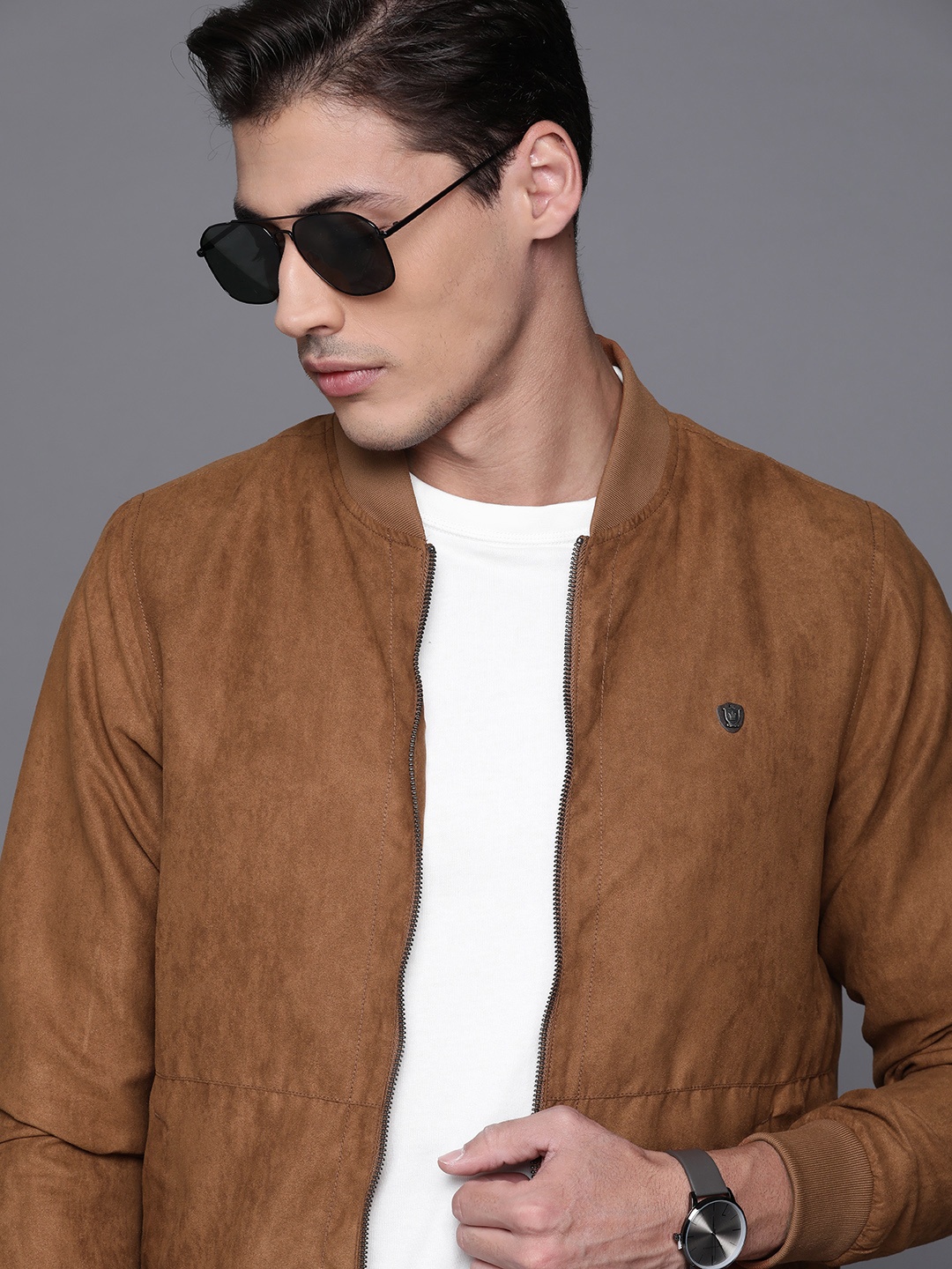 

Louis Philippe Men Camel Brown Suede Finish Bomber Jacket