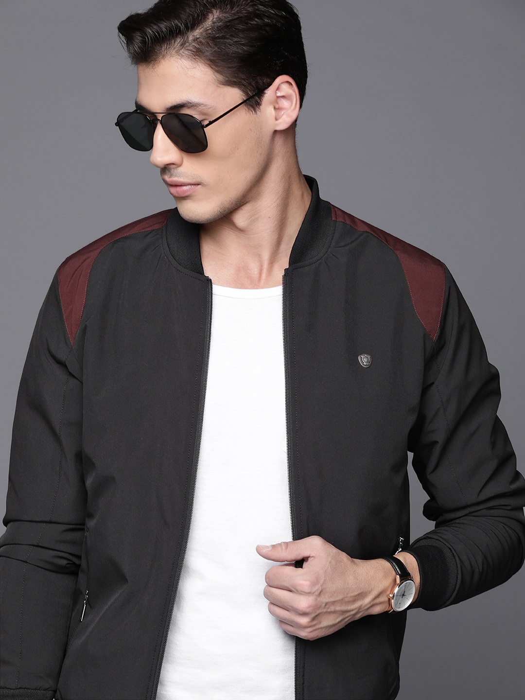 

Louis Philippe Men Black & Burgundy Bomber Jacket