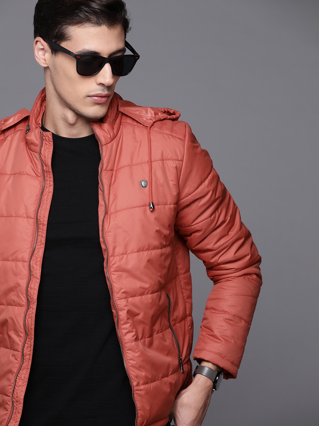 

Louis Philippe Men Rust Orange Solid Concealed Hood Padded Jacket