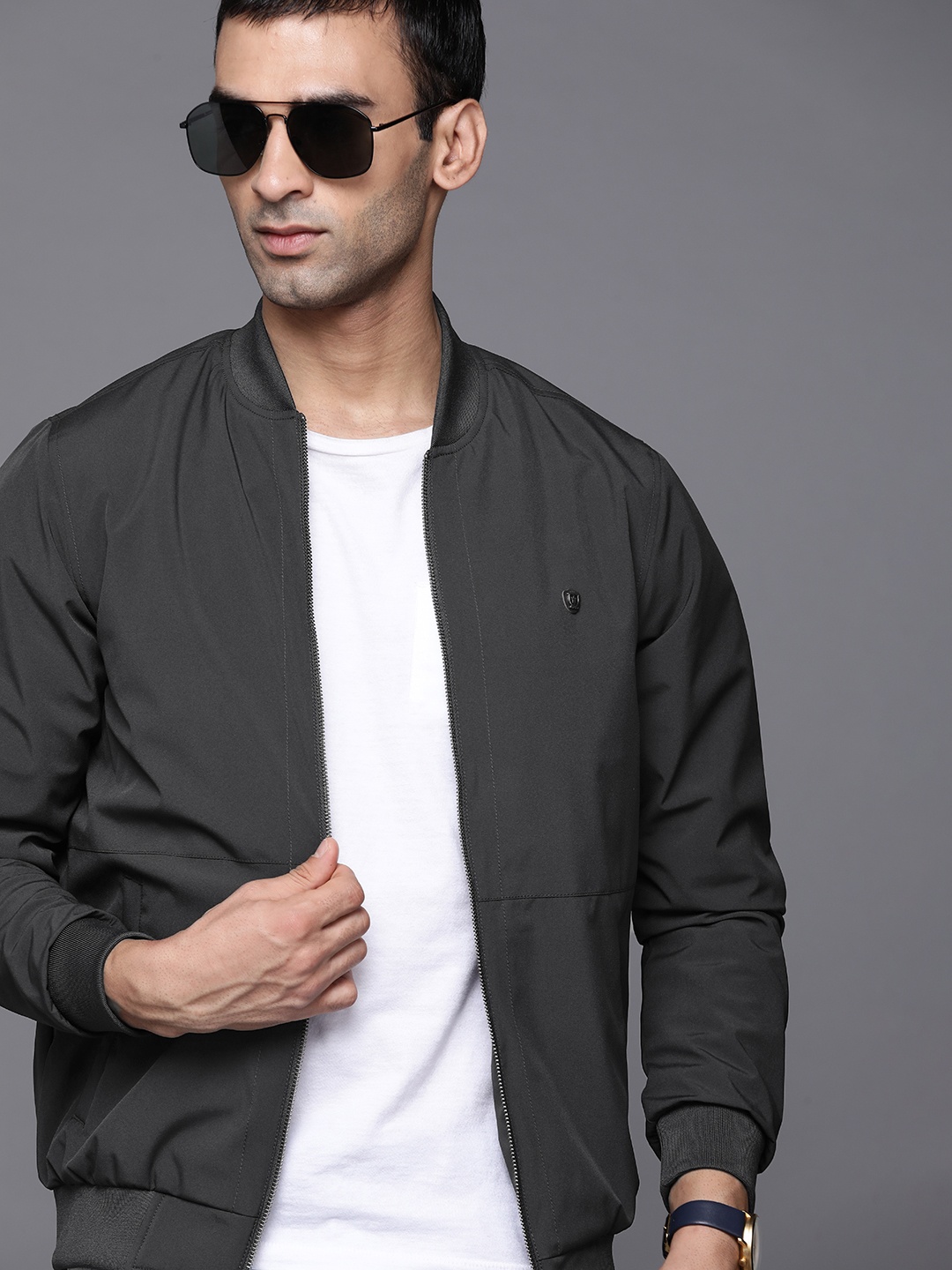 

Louis Philippe Men Charcoal Grey Solid Bomber Jacket