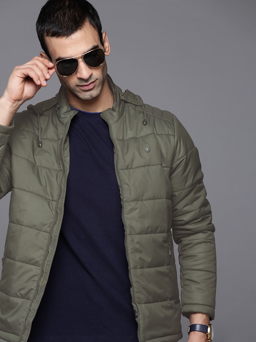 

Louis Philippe Men Olive Green Solid Concealed Hooded Padded Jacket