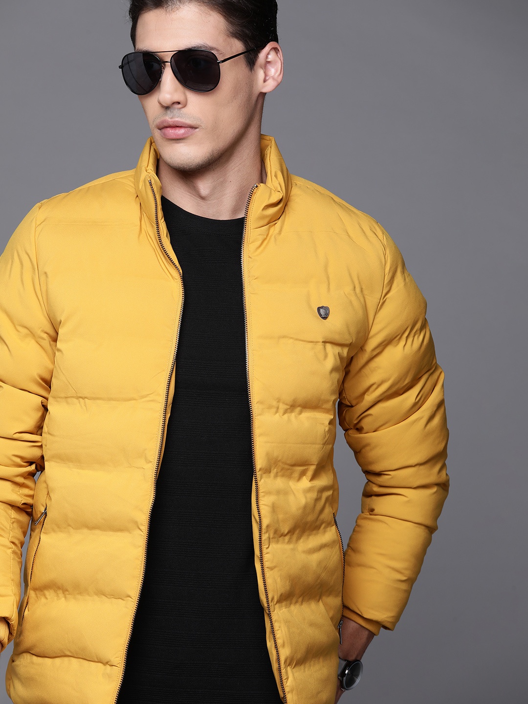 

Louis Philippe Men Mustard Yellow Solid Padded Jacket