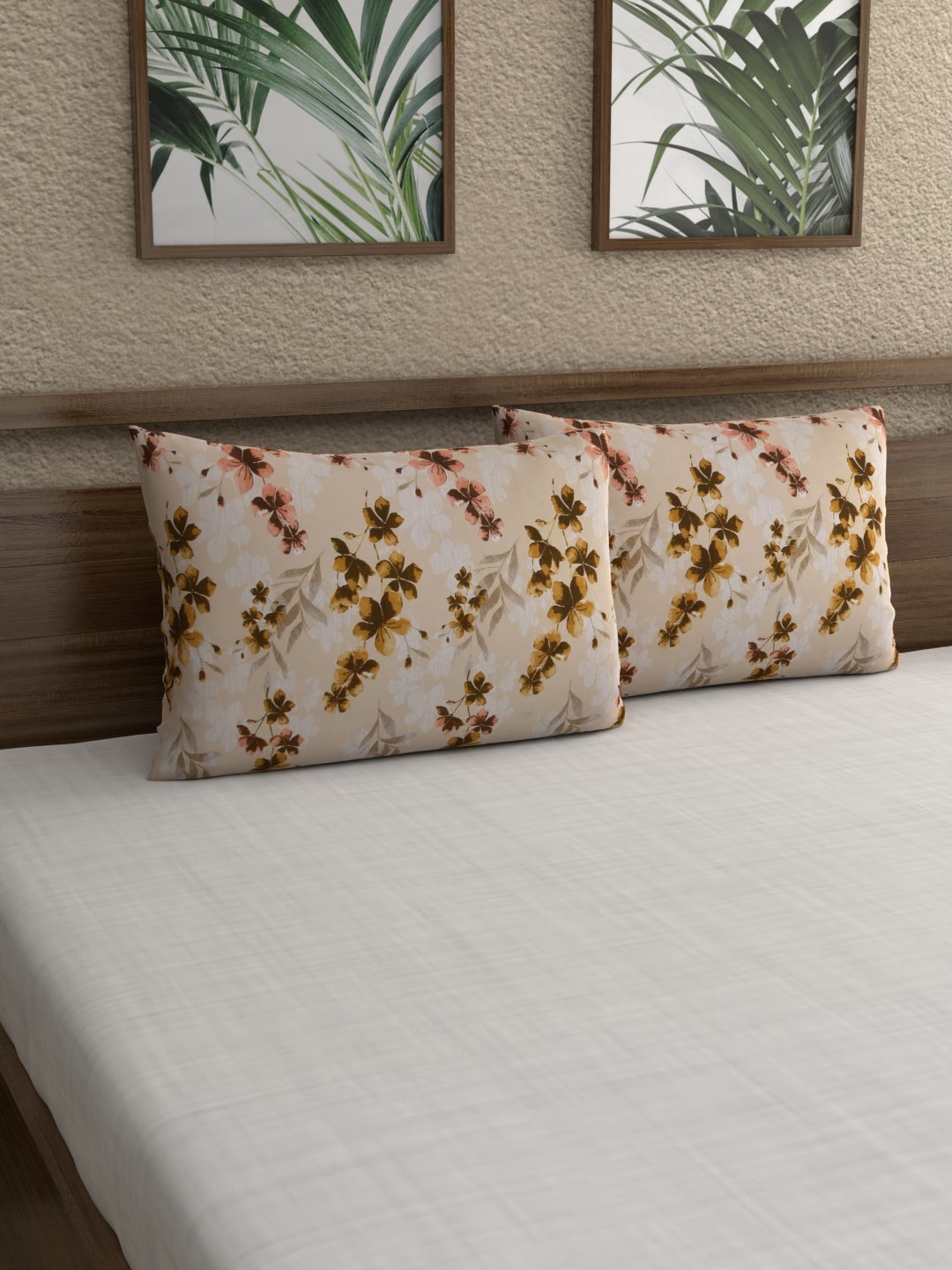 

Home Ecstasy Mustard & Beige Set of 2 Printed Cotton 140 TC Pillow Covers