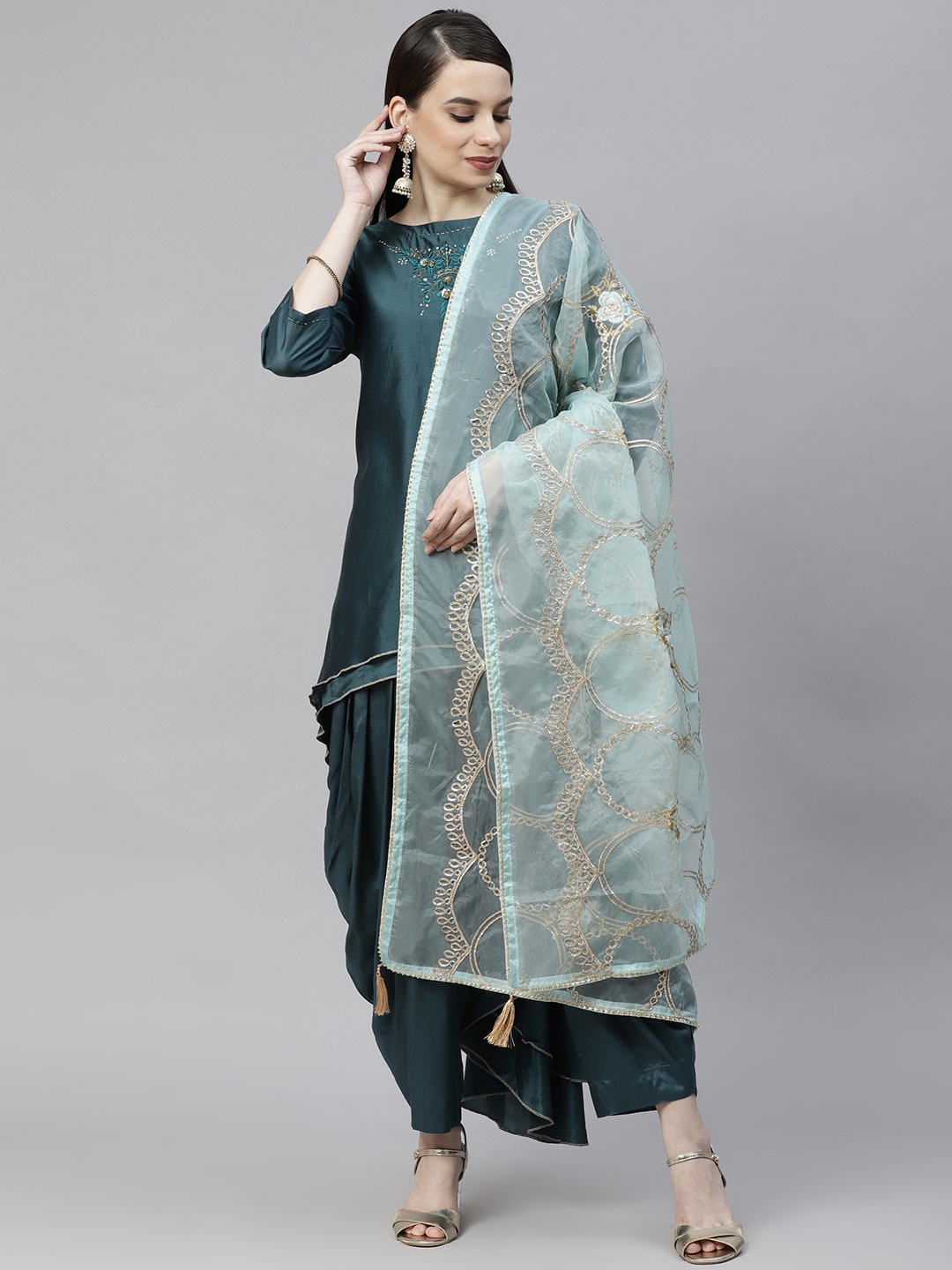 

mokshi Turquoise Blue Organza Dupatta with Gotta Patti