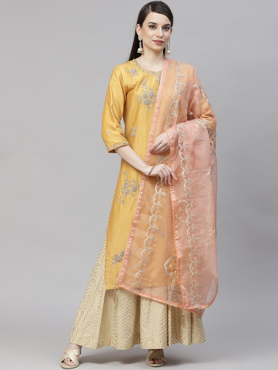 

mokshi Orange Organza Foil Print Dupatta with Gotta Patti