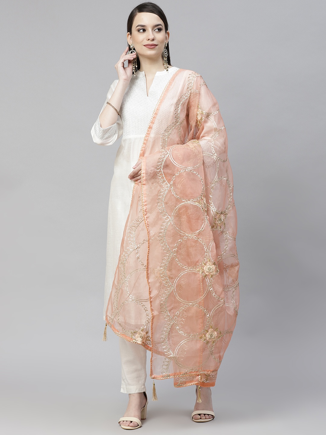 

mokshi Orange Organza Foil Print Dupatta with Gotta Patti