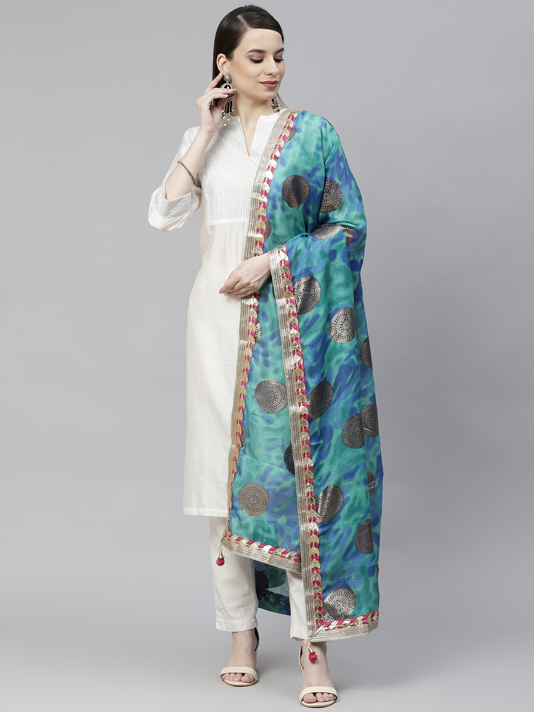 

mokshi Blue Ethnic Motifs Dyed Pure Cotton Foil Print Dupatta with Gotta Patti