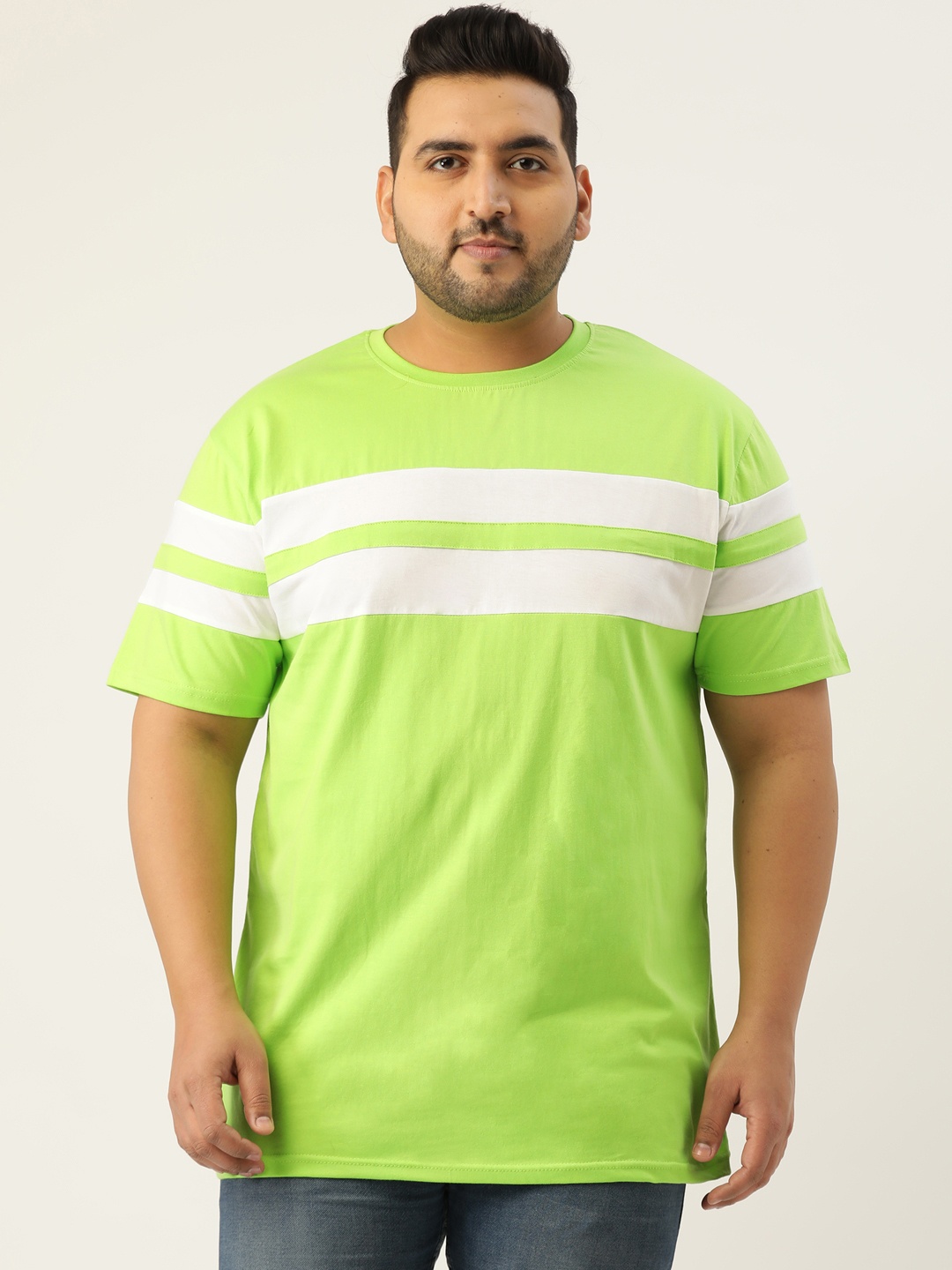 

Rodzen Plus Size Men Fluorescent Green & White Colourblocked T-shirt