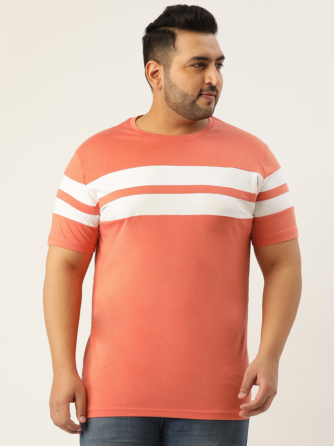 

Rodzen Plus Size Men Orange & White Colourblocked T-shirt