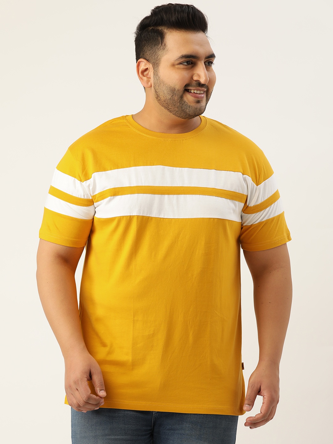 

Rodzen Plus Size Men Mustard Yellow & White Colourblocked T-shirt