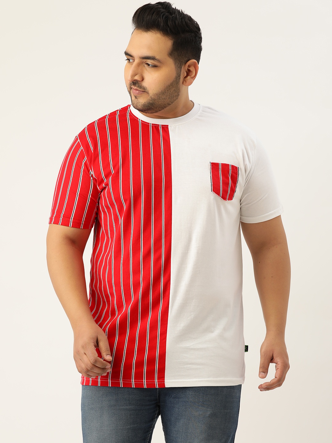 

Rodzen Plus Size Men Red & White Striped Pockets T-shirt