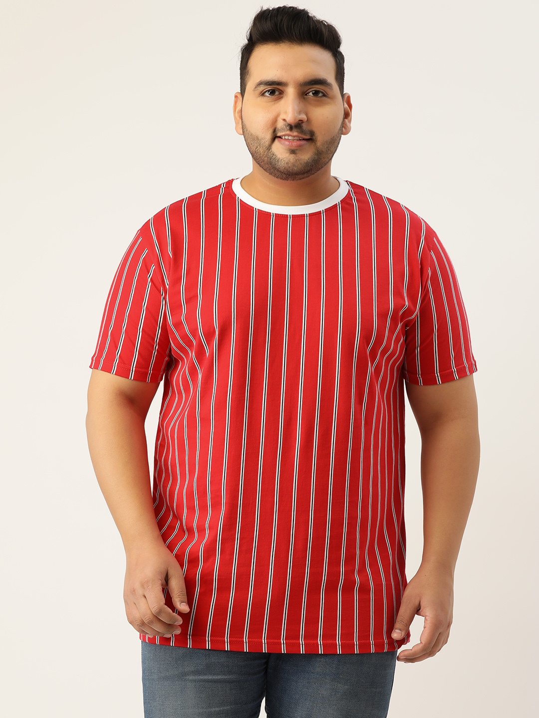 

Rodzen Plus Size Men Red Striped T-shirt