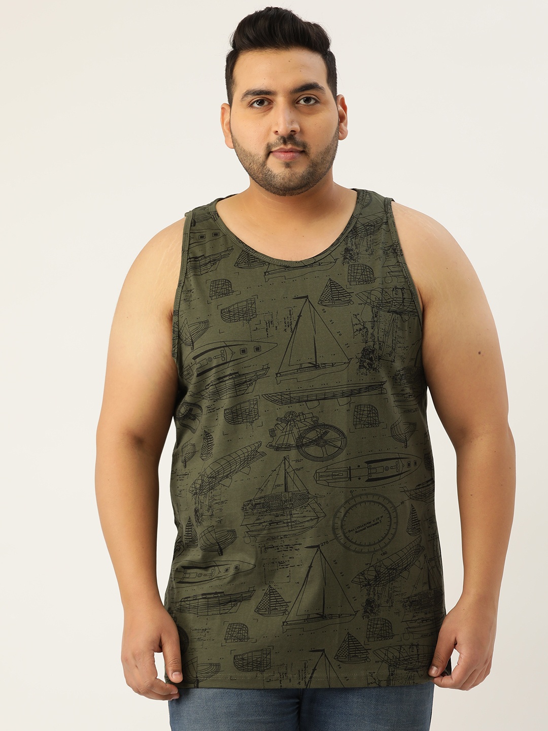 

Rodzen Plus Size Men Olive Green Printed T-shirt