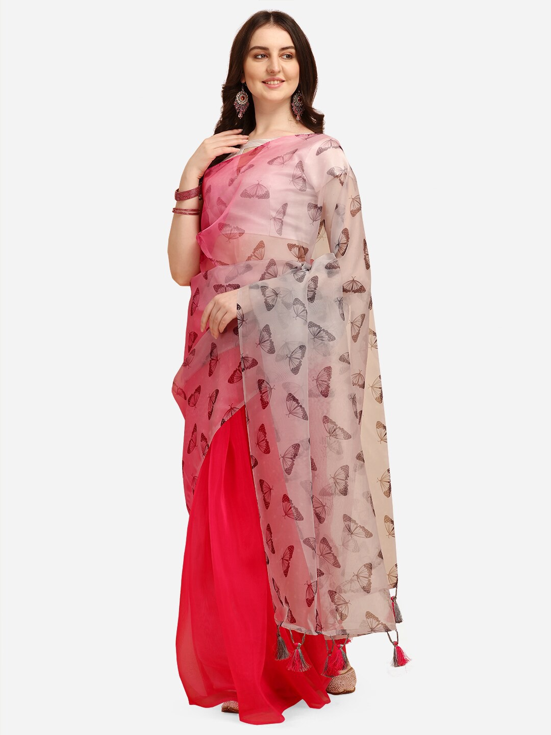 

Mitera Pink & Red Ethnic Motifs Organza Block Print Saree