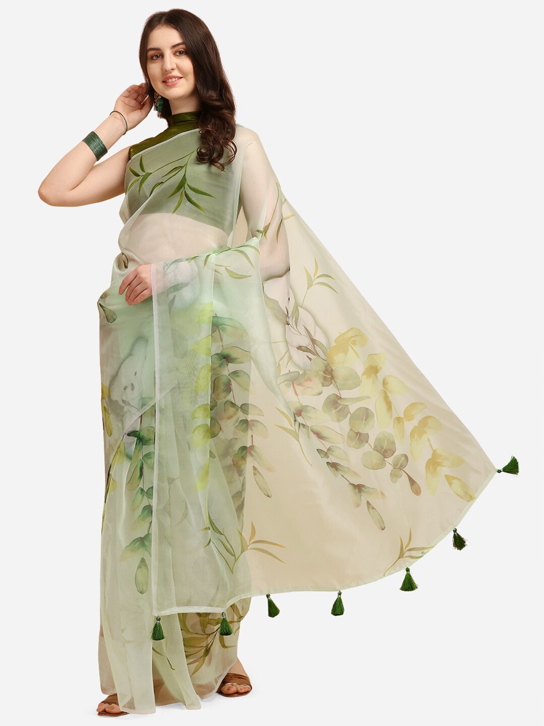 

Mitera Green & Off White Floral Organza Block Print Saree