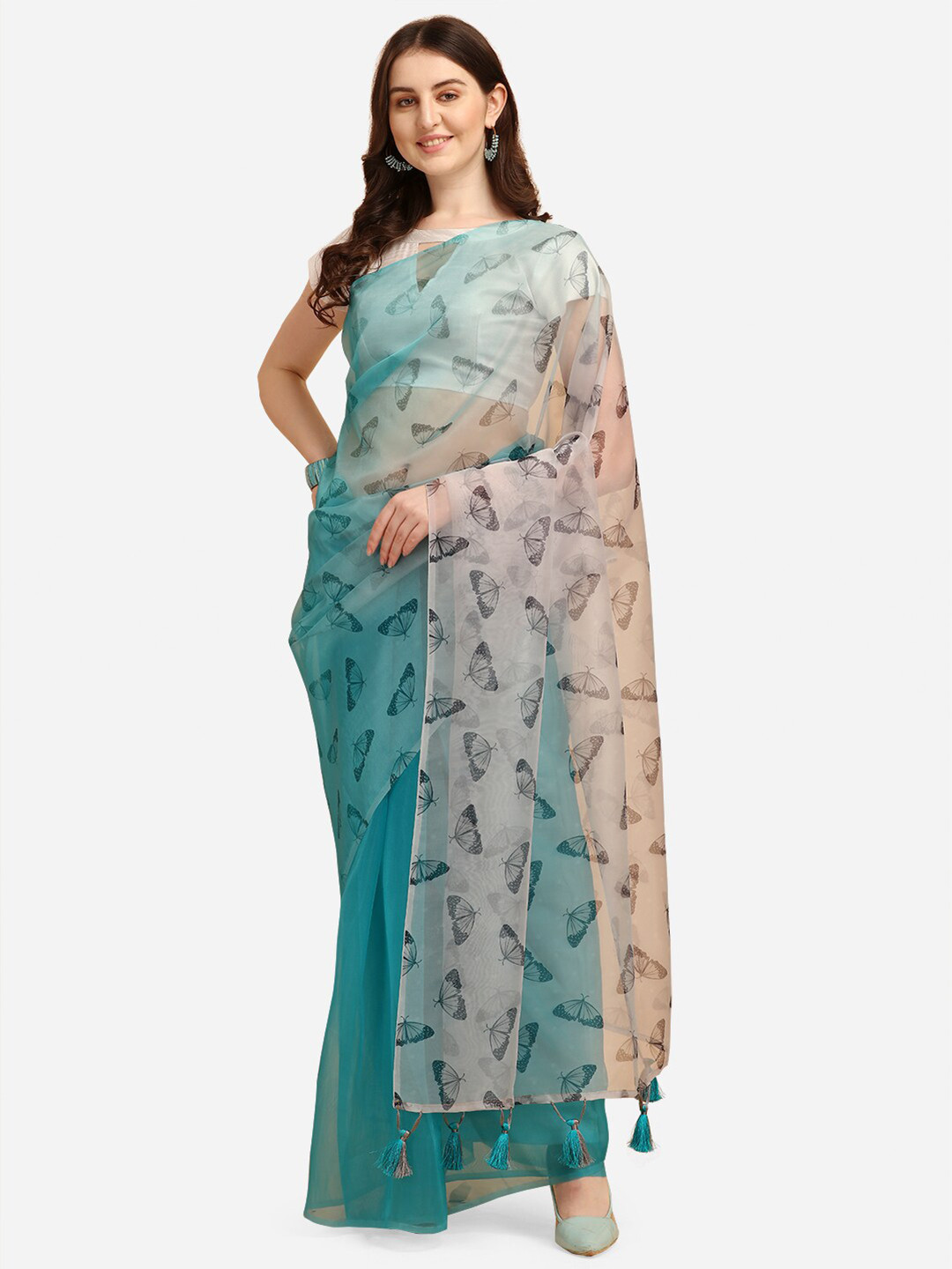 

Mitera Turquoise Blue & Cream-Coloured Ethnic Motifs Organza Fusion Block Print Saree