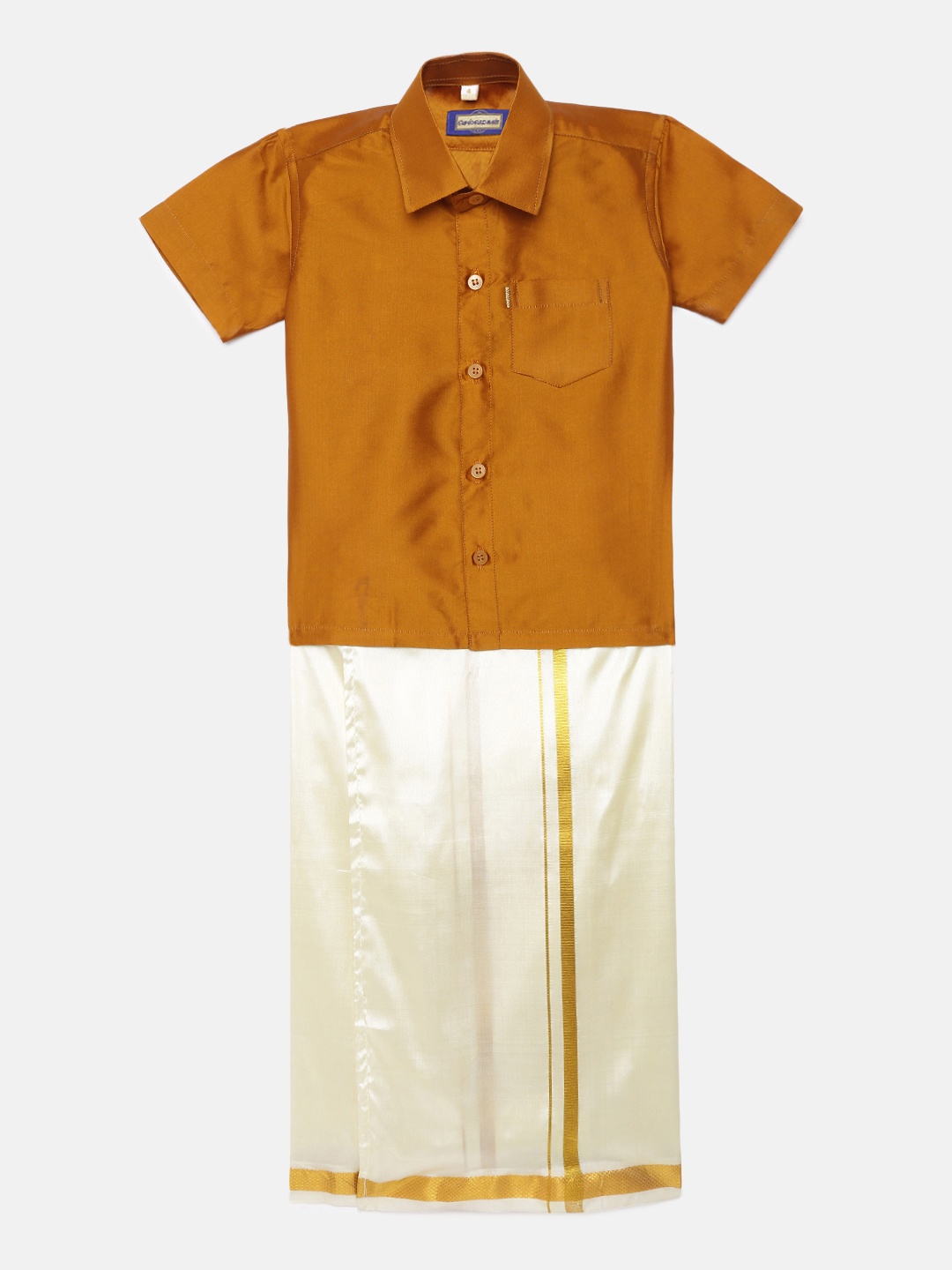 

Selvamagan boys Self - attaching strap Dhoti & Shirt Set, Mustard