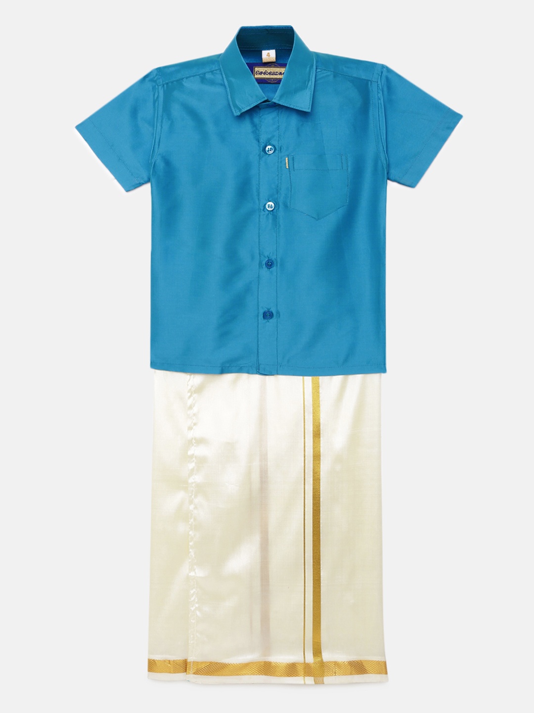 

Selvamagan boys Self - attaching strap Dhoti & Shirt Set, Blue