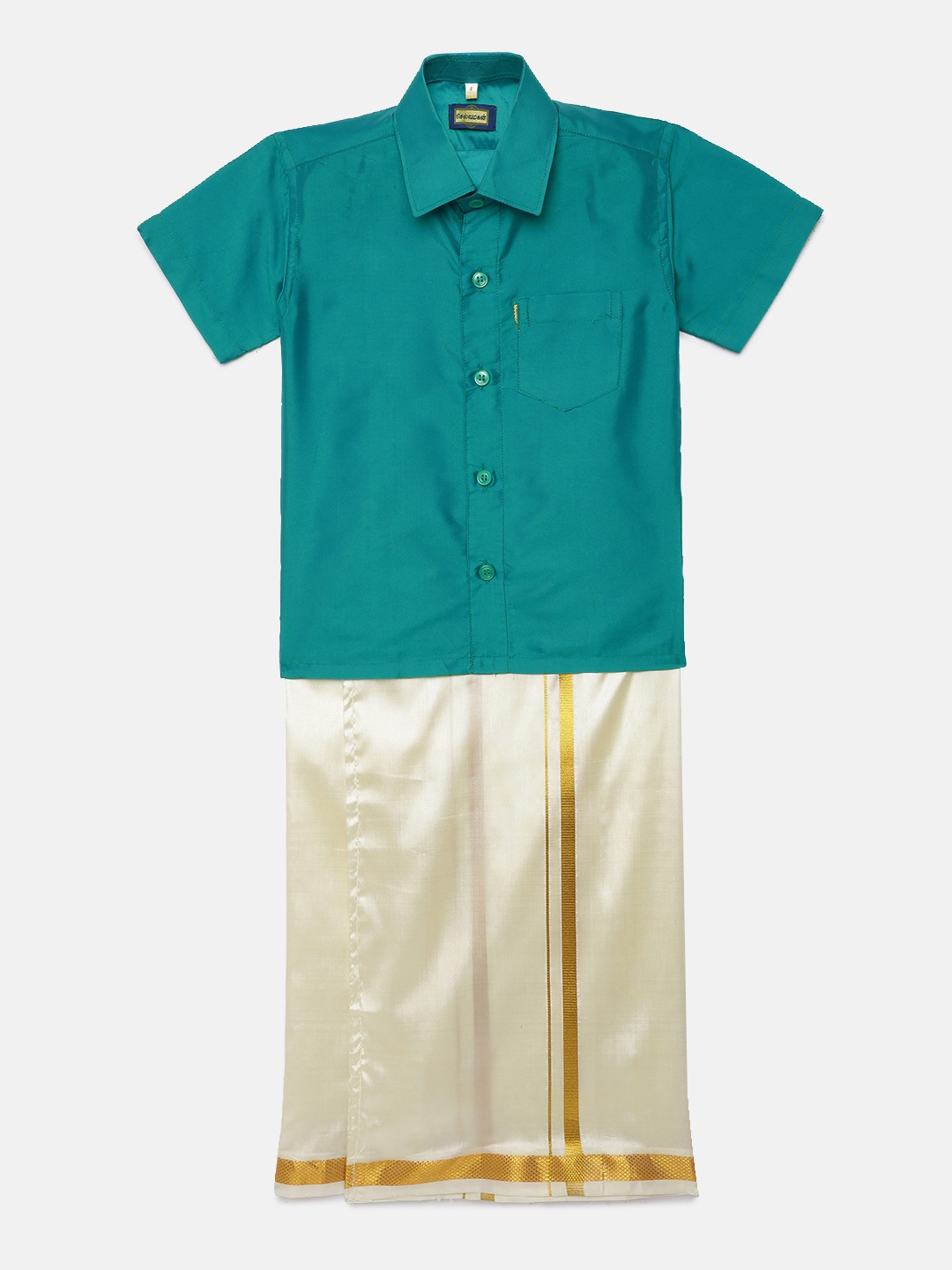 

Selvamagan boys Self - attaching strap Dhoti & Shirt Set, Turquoise blue