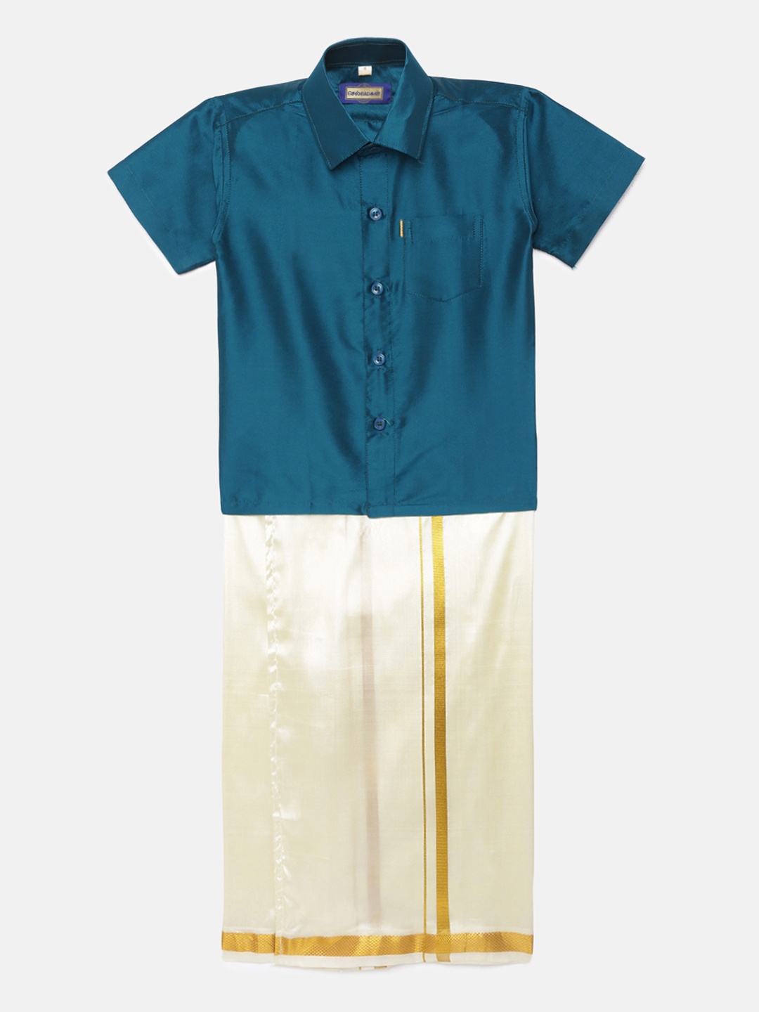 

Selvamagan boys Self - attaching strap Dhoti & Shirt Set, Teal