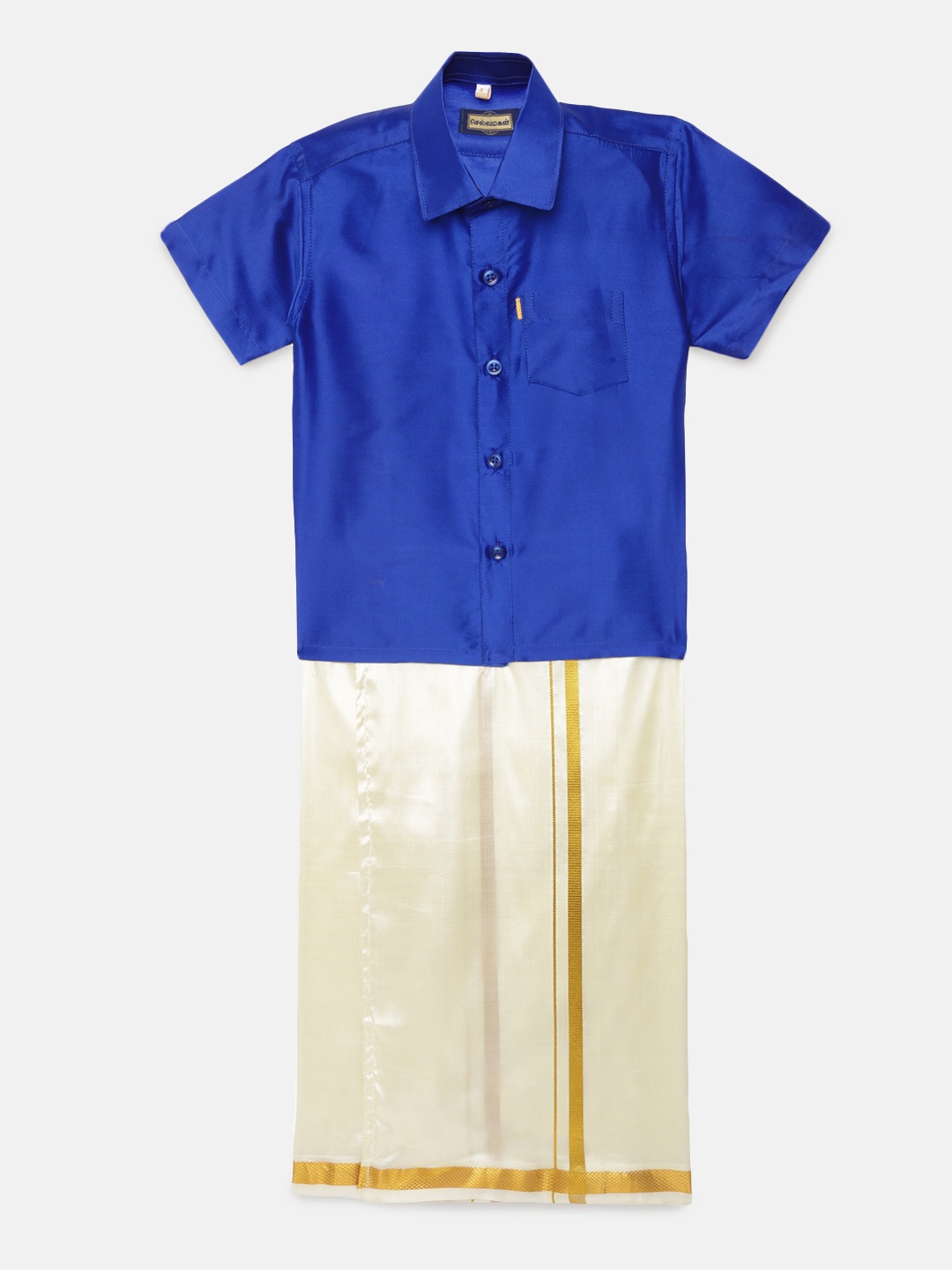 

Selvamagan boys Self - attaching strap Dhoti & Shirt Set, Blue