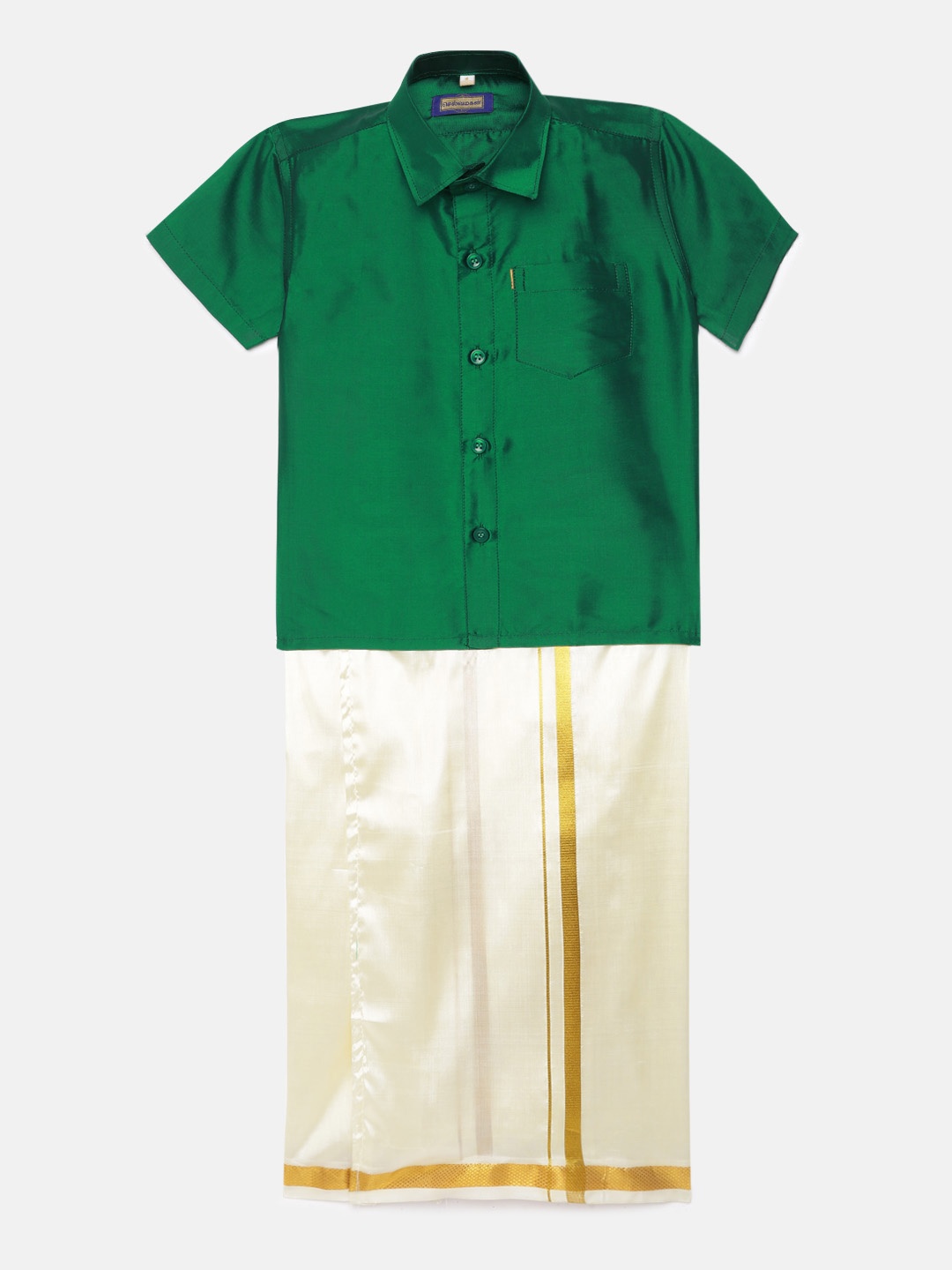 

Selvamagan boys Self - attaching strap Dhoti & Shirt Set, Green