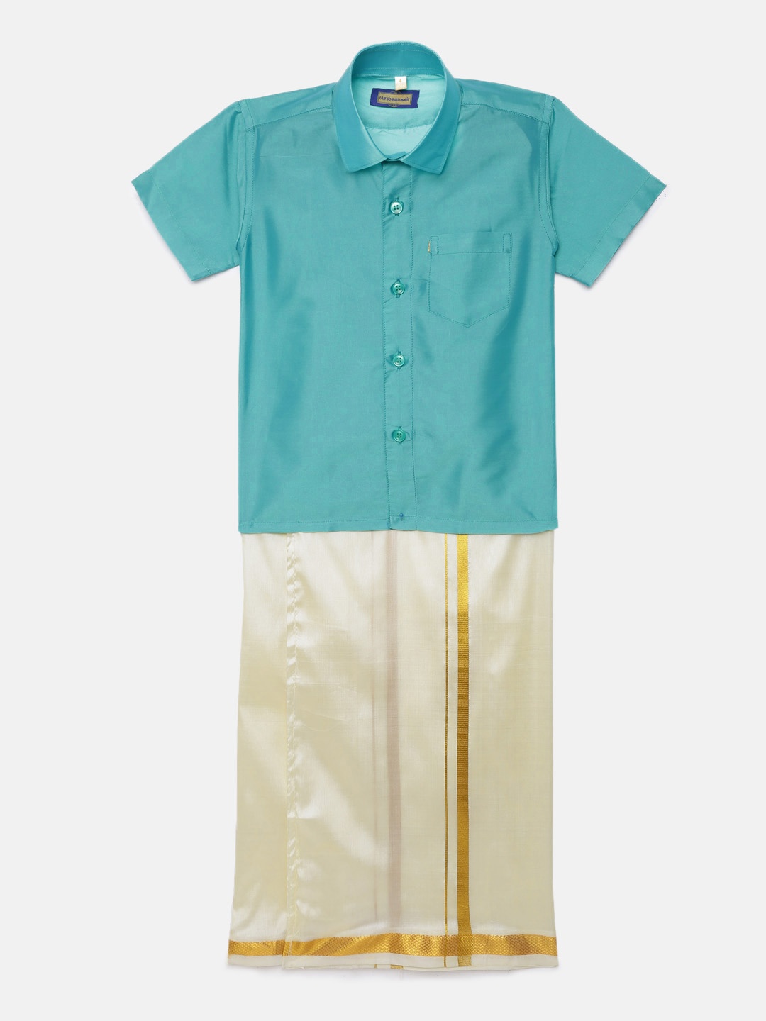 

Selvamagan boys Self - attaching strap Dhoti & Shirt Set, Blue