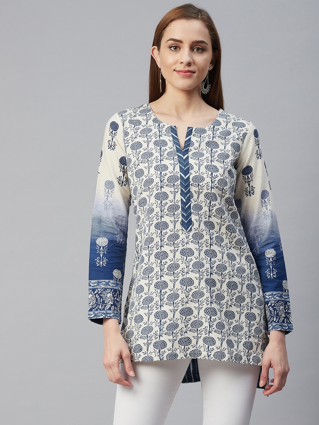 

Rangriti Blue & Beige Ethnic Motifs Printed Pure Cotton Kurti