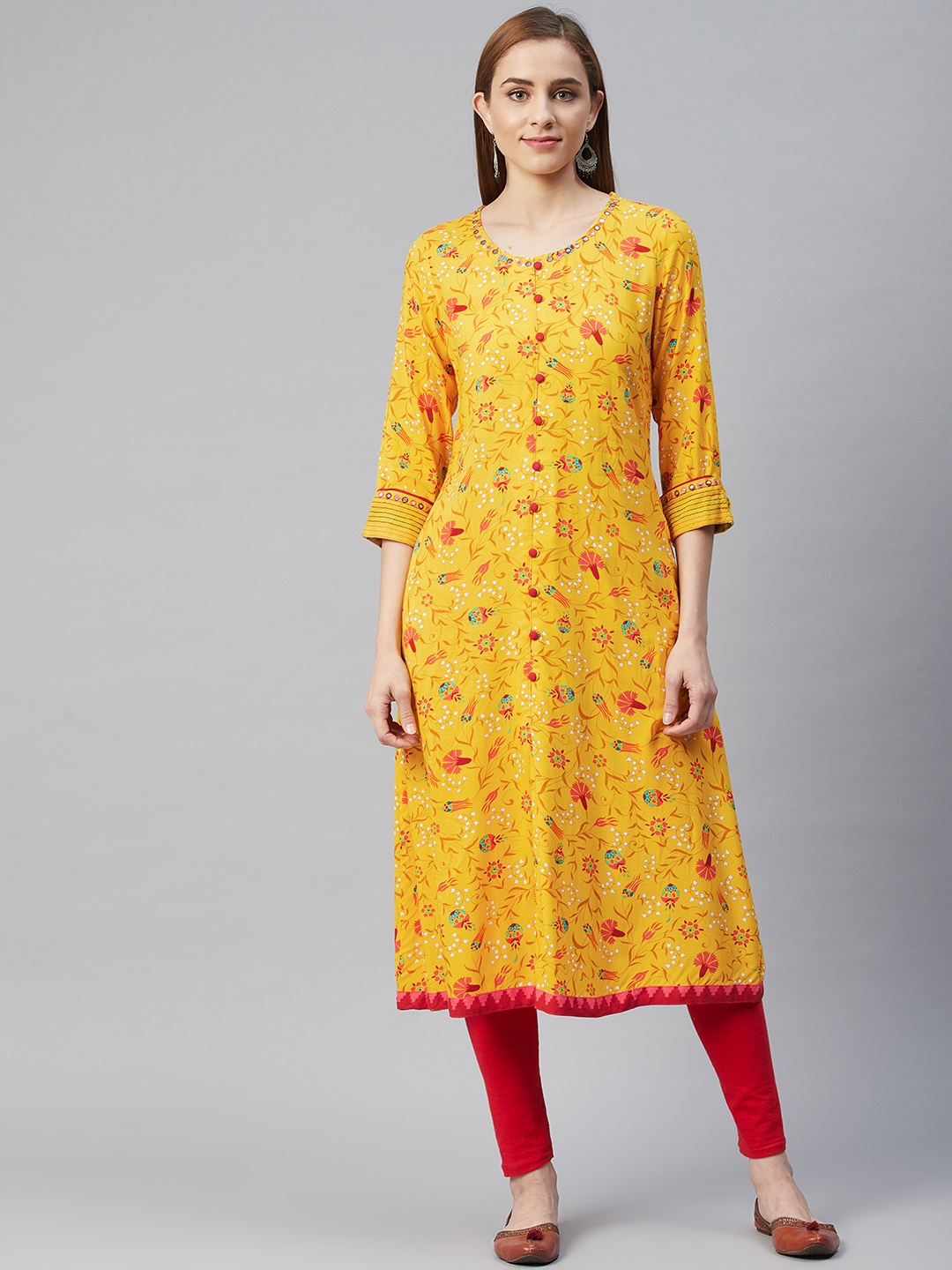 

Rangriti Women Yellow Floral Printed Kurta