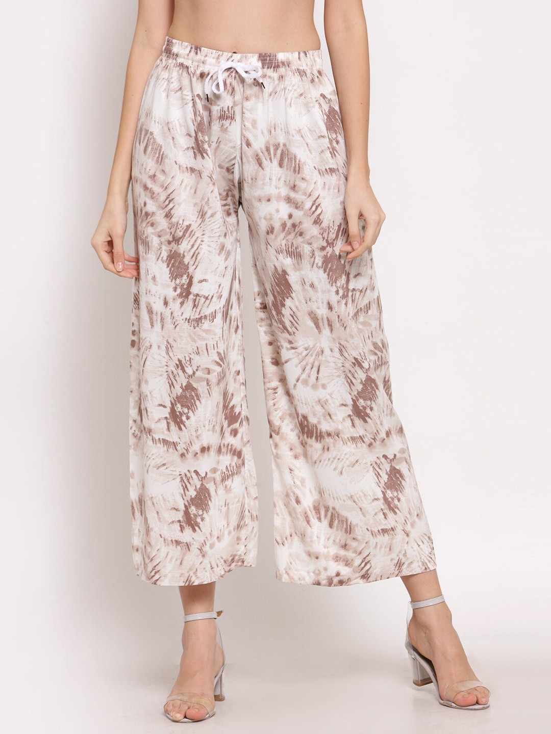 

KLOTTHE Women Off White & Brown Abstract Printed Palazzos