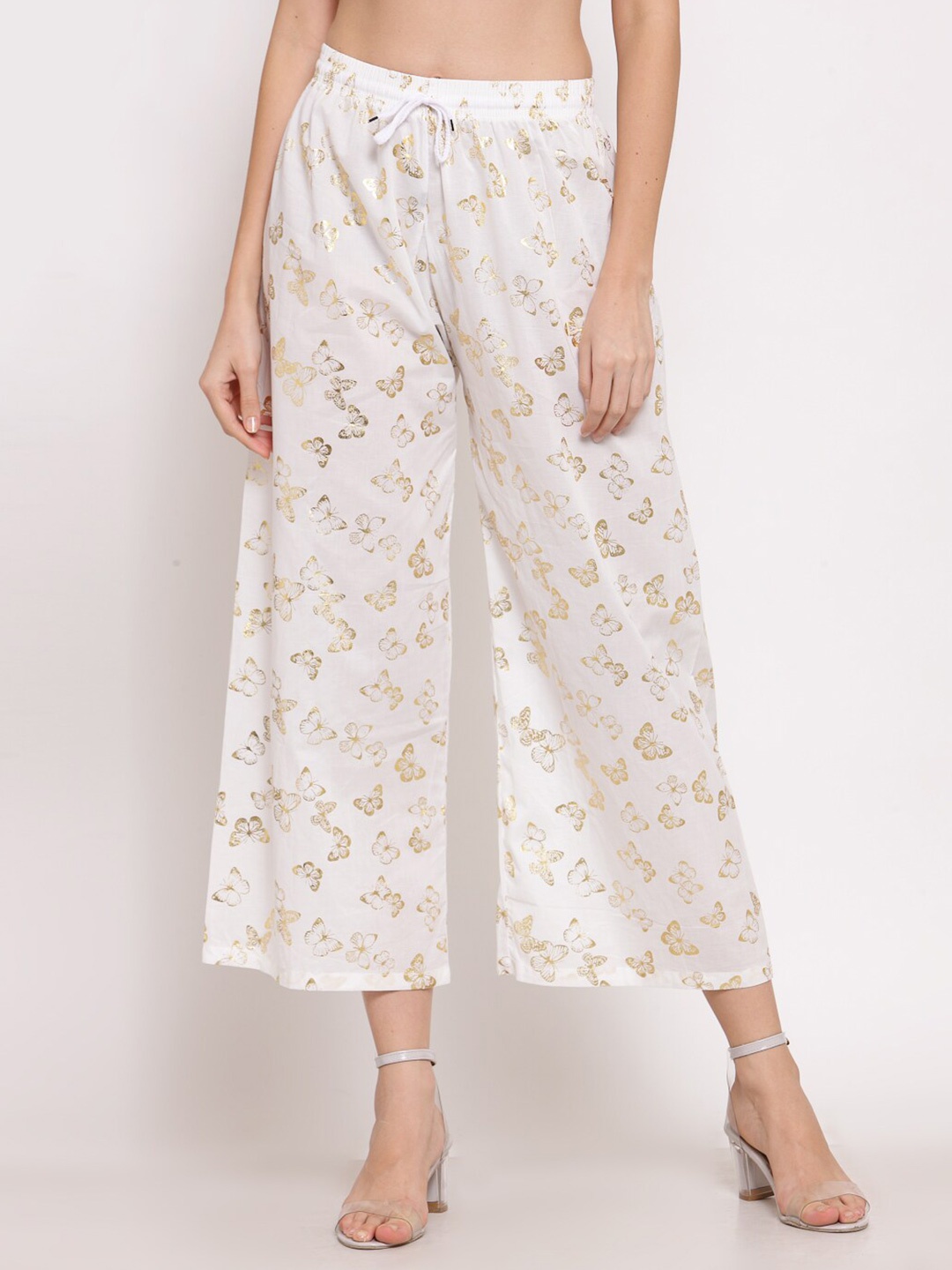 

KLOTTHE Women White & Gold-Coloured Butterfly Printed Ethnic Palazzos