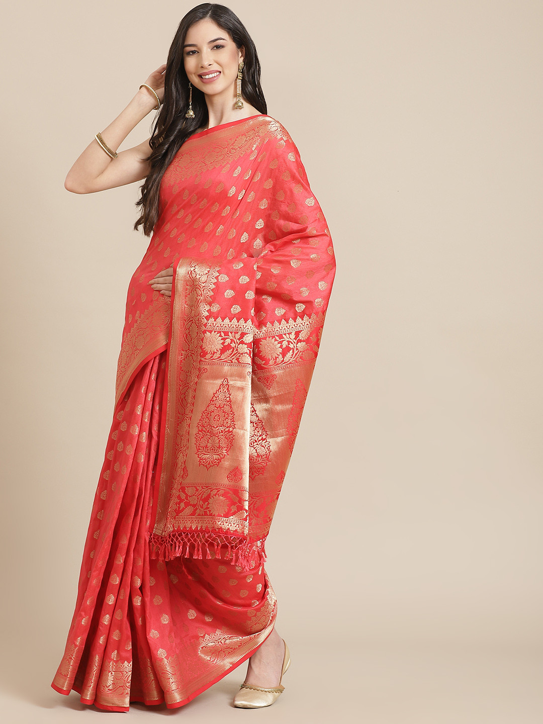 

SHANGRILA Peach-Coloured Floral Zari Art Silk Saree