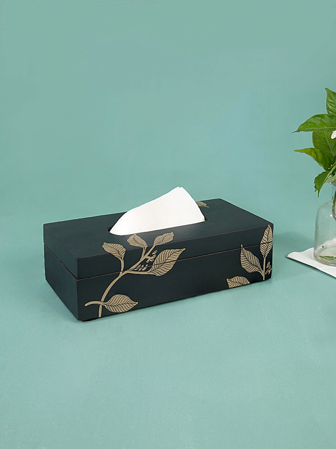 

ellementry Black & Gold-Toned Floral Wooden Tissue Box