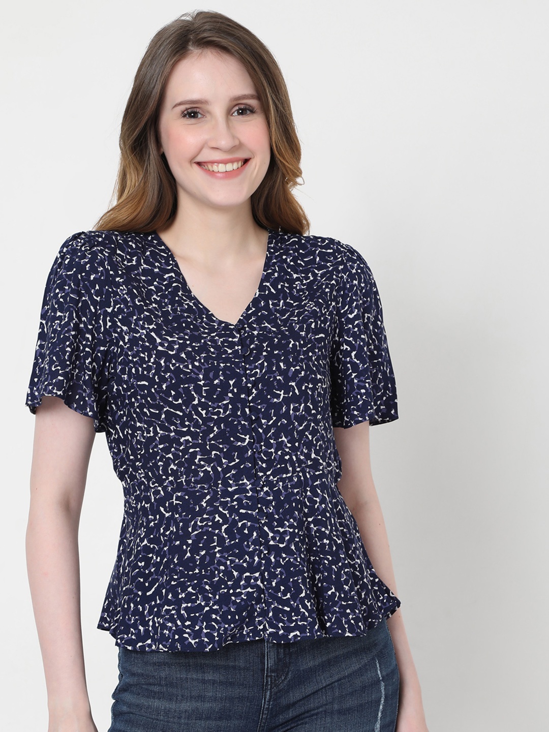 

Vero Moda Navy Blue & White Print Shirt Style Top