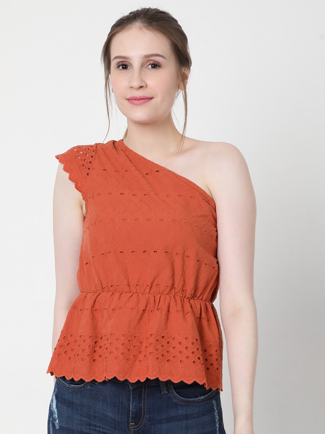 

Vero Moda Rust Orange Schiffli Embroidered Pure Cotton One Shoulder Top
