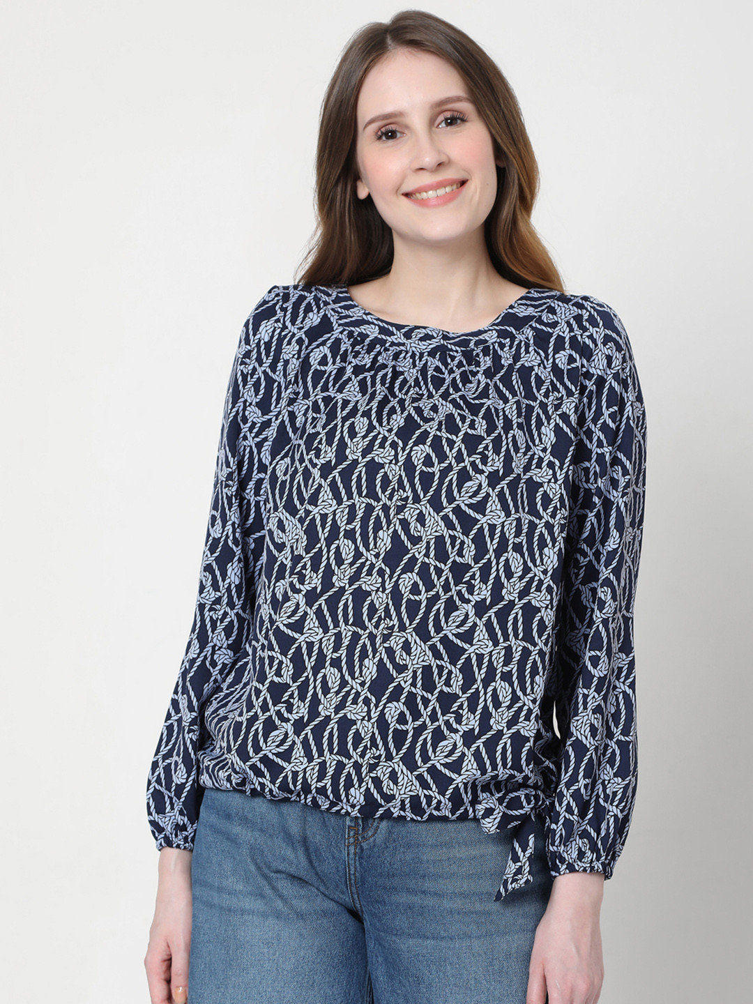 

Vero Moda Blue Printed Waist Tie-Up Detail Blouson Top