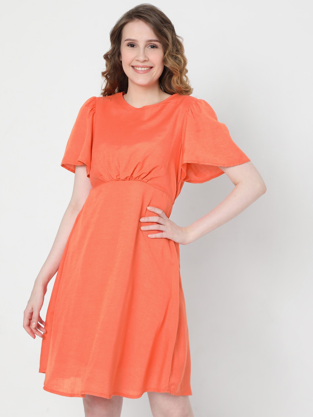 

Vero Moda Women Coral Solid Flared Sleeves A-Line Dress