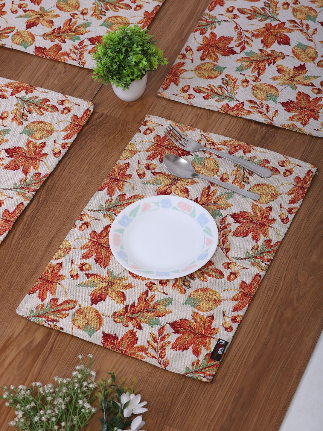 

KLOTTHE Set of 6 Off-White & Orange Woven Design Cotton Dining Table Placemats
