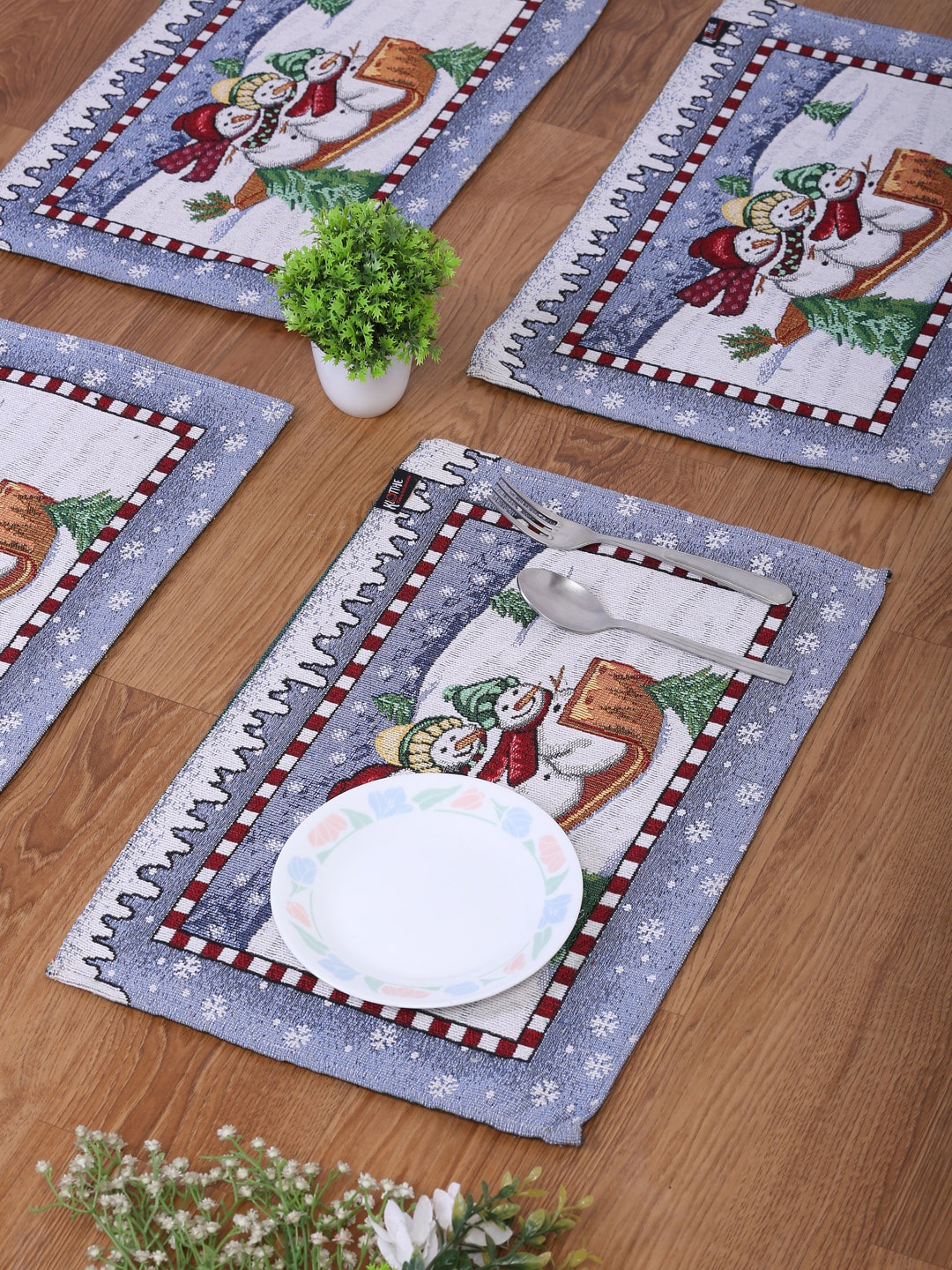 

KLOTTHE Set Of 6 Blue & White Printed Cotton Dining Table Placemats