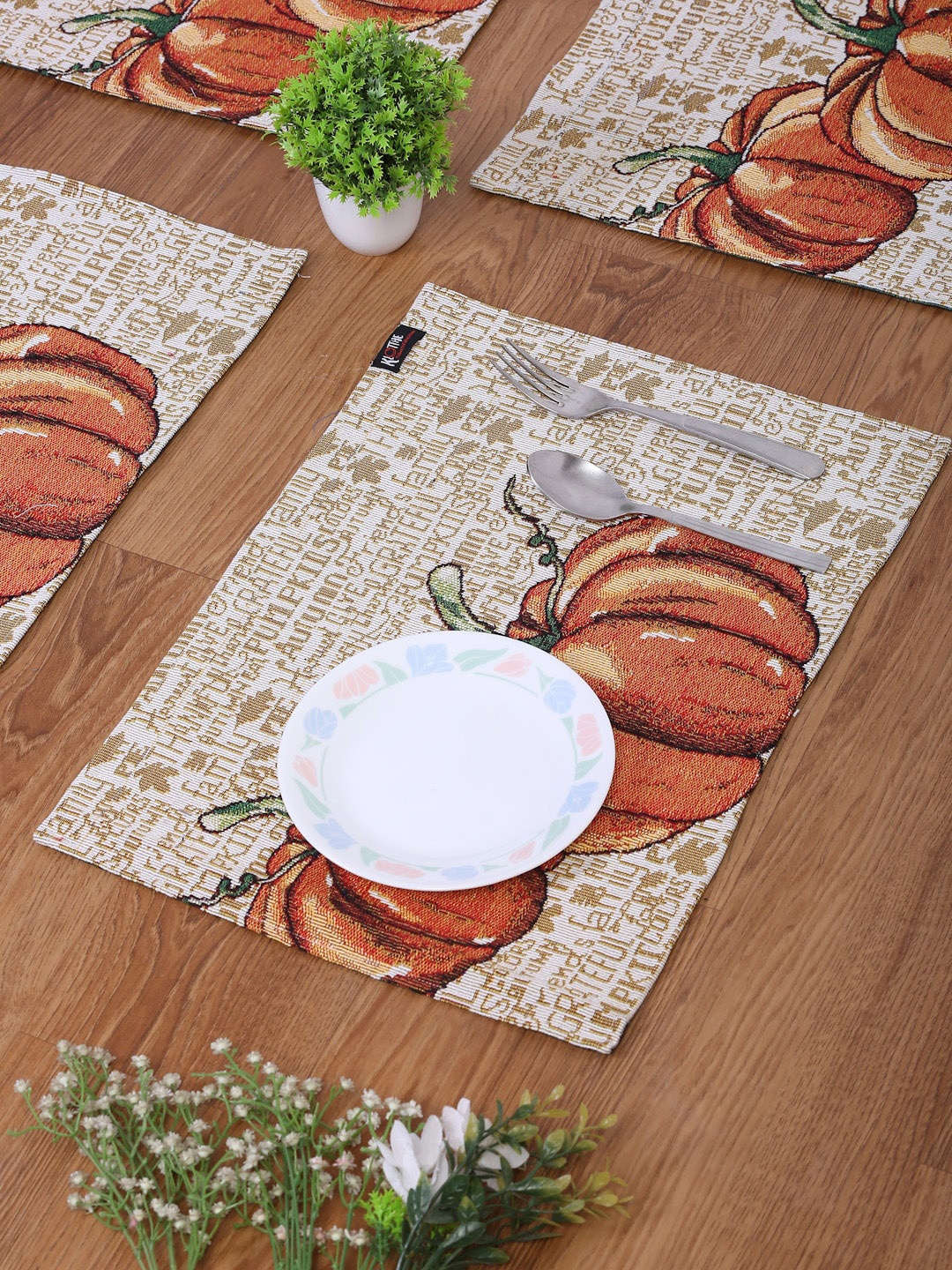 

KLOTTHE Set Of 6 Beige & Rust Orange Printed Cotton Dining Table Placemats