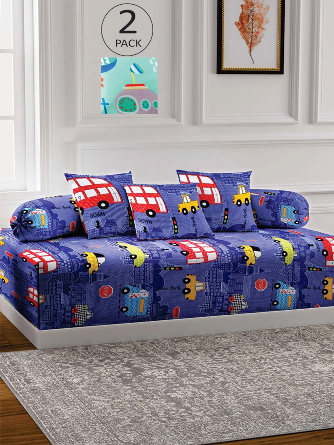 

KLOTTHE Set Of 2 Printed 2 Single Bedsheet With 4 Bolster Covers & 6 Cushion Cover, Navy blue