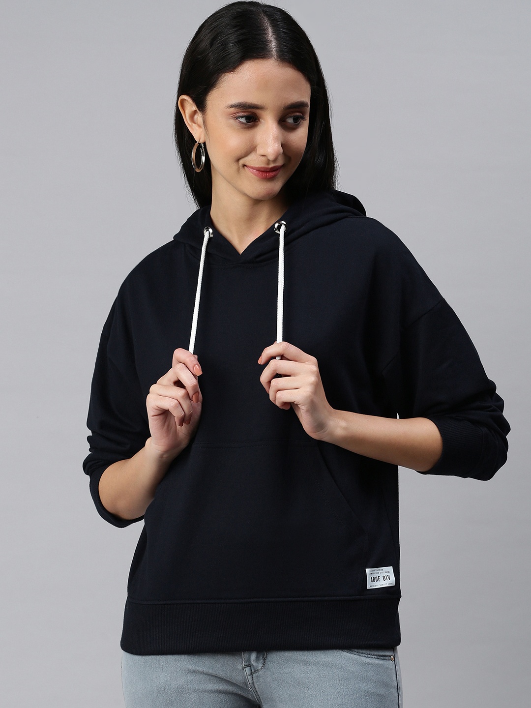 

abof Women Navy Blue Hooded Sweatshirt