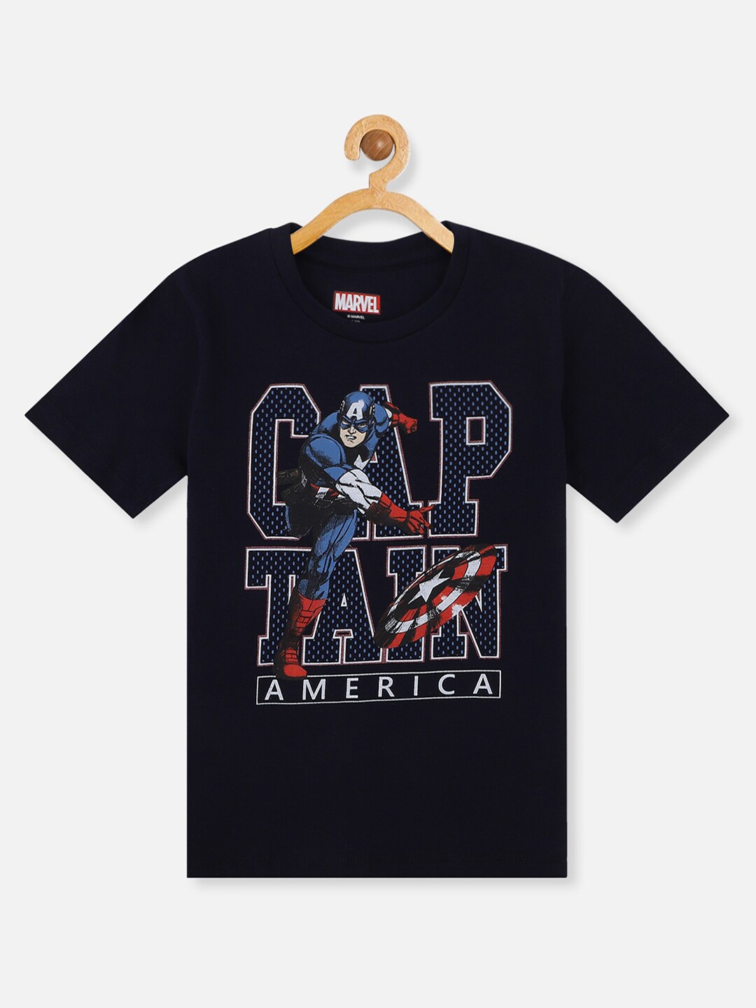 

Kids Ville Boys Navy Blue Typography Cotton Captain America Printed Applique T-shirt