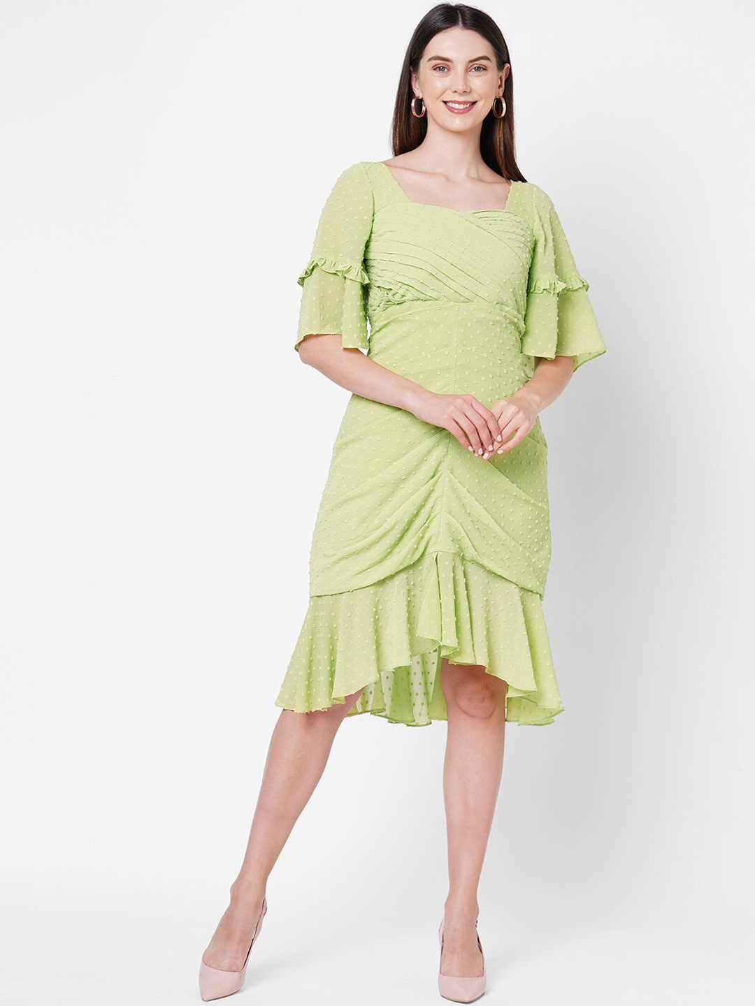 

POPPI Lime Green Georgette A-Line Dress