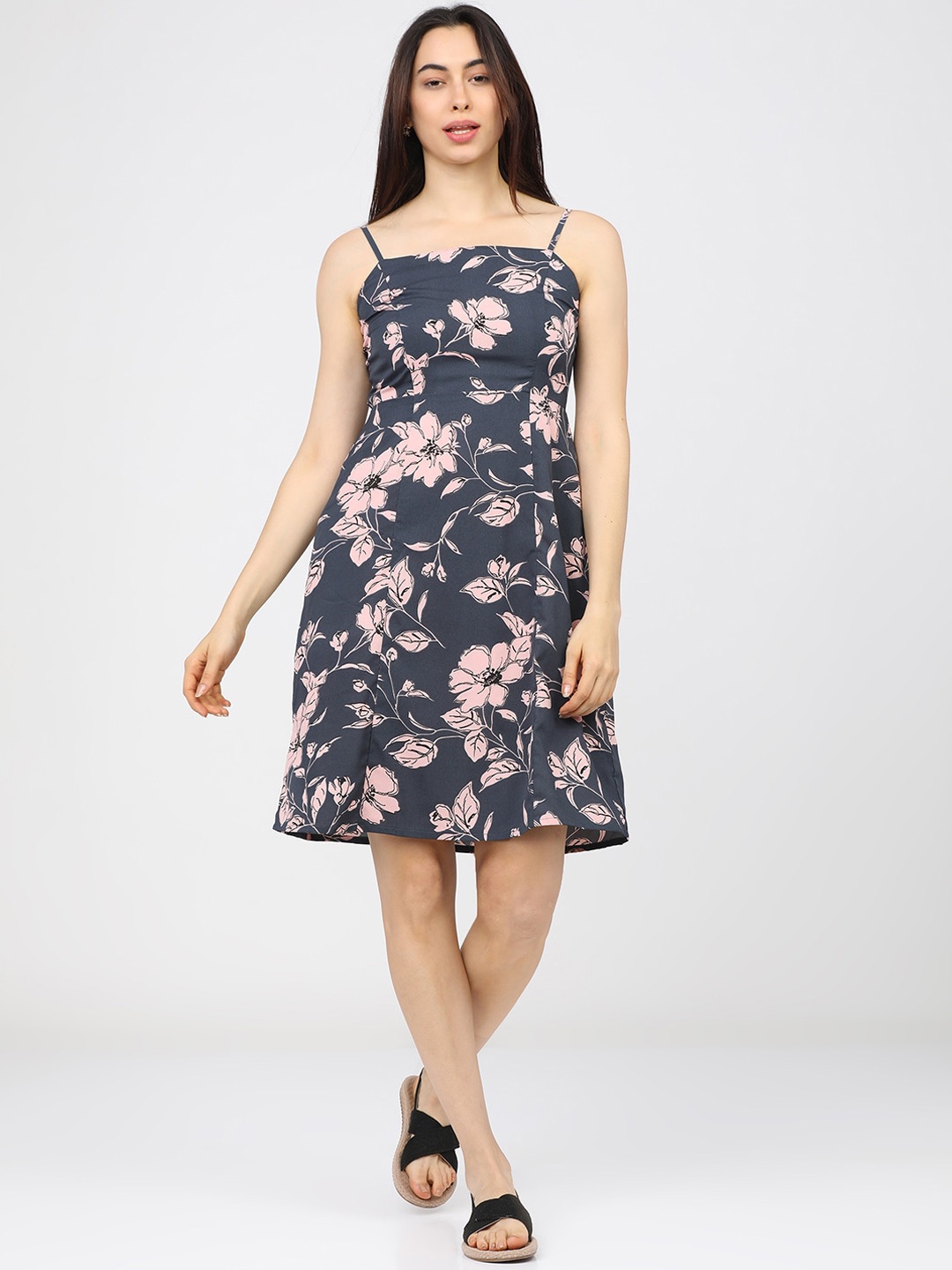 

Tokyo Talkies Grey & Pink Floral A-Line Dress