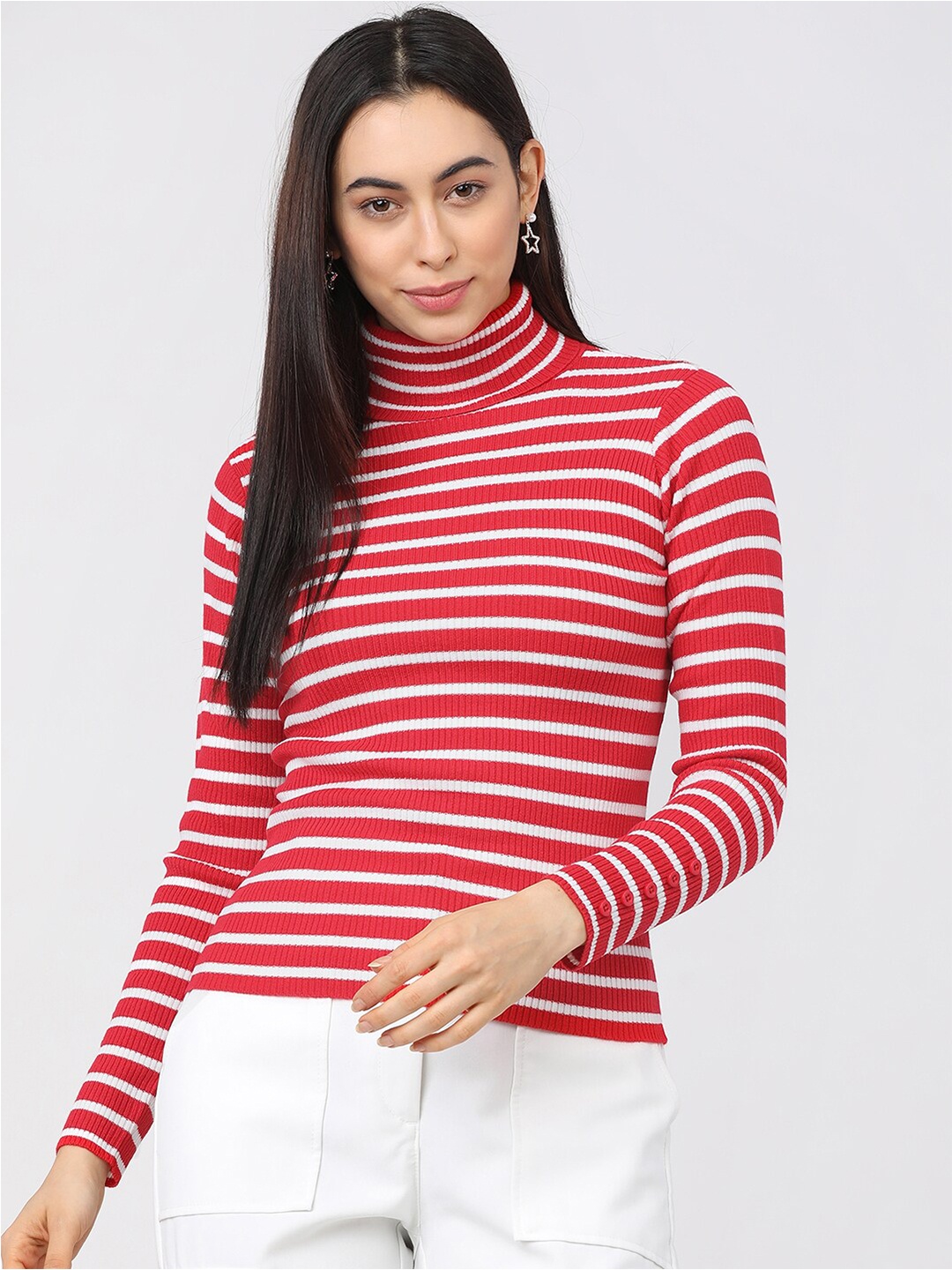 

Tokyo Talkies Women Red & White Striped Acrylic Pullover