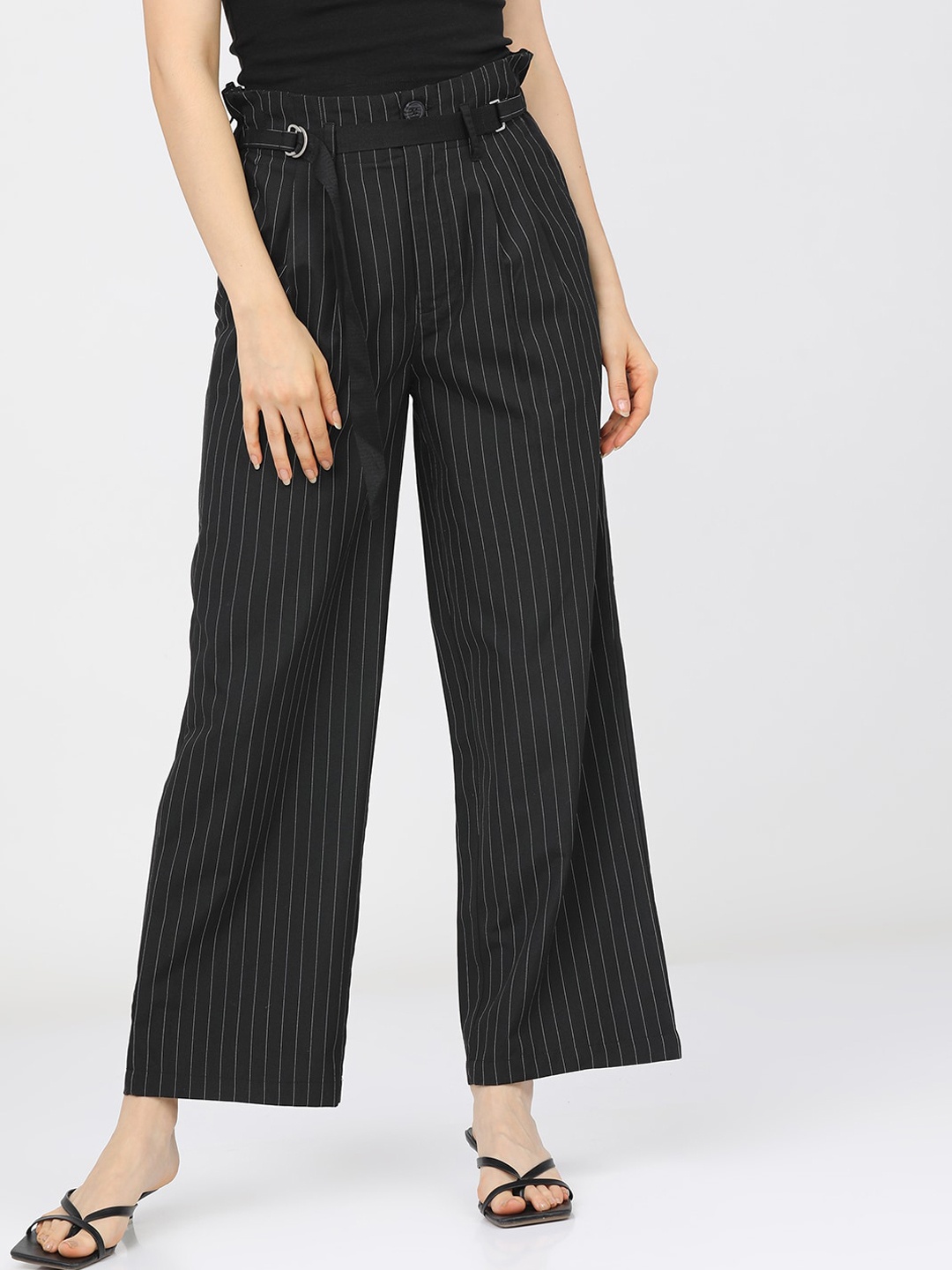 

Tokyo Talkies Women Black Striped Straight Fit Parallel Trousers