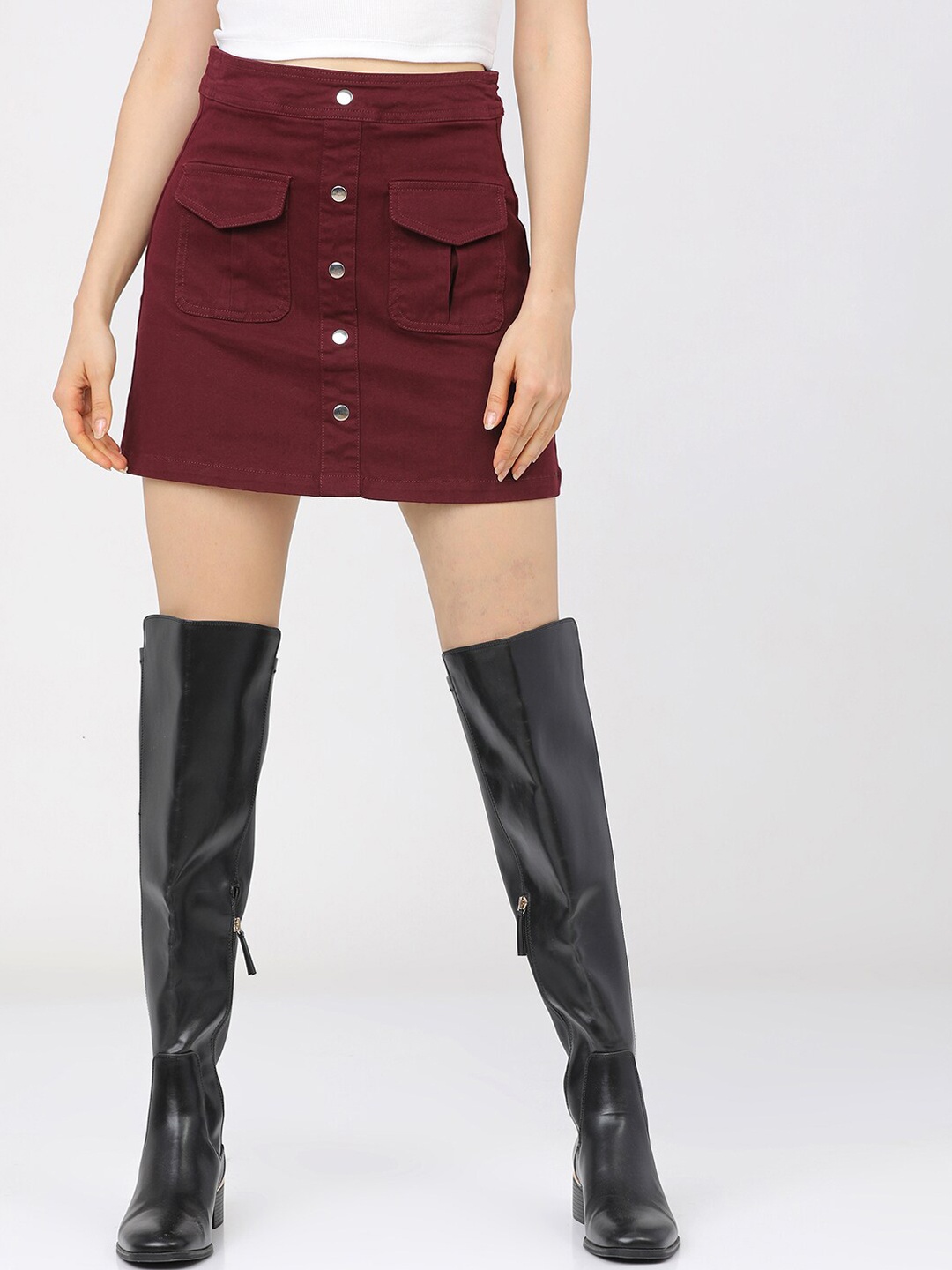 

Tokyo Talkies Women Maroon Solid Straight Mini Skirt