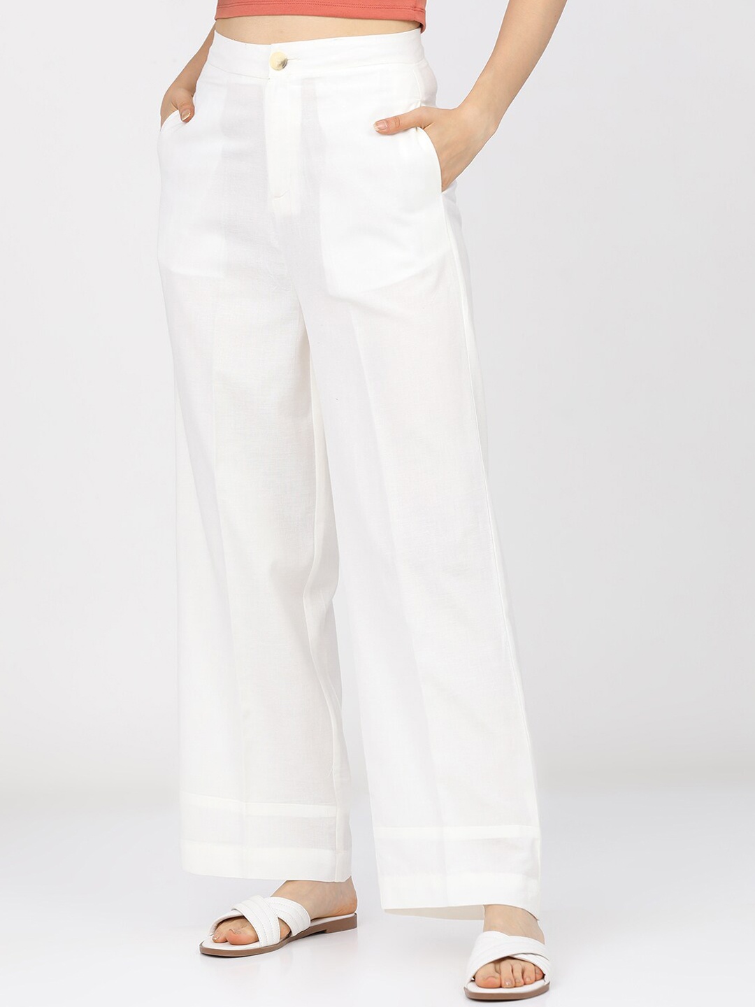 

Tokyo Talkies Women Cream-Coloured Straight Fit Easy Wash Parallel Trousers